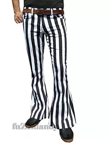 Mens STRIPED RETRO FLARES White Black Bell Bottoms Hippie vtg PantsTrousers 60s - Picture 1 of 4