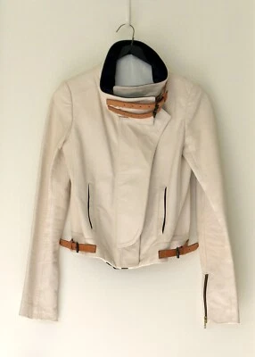 Chaqueta ALC Marfil Crema Cuero Guijarro Genuino Estilo Motociclista Hebillas Foto 1 de 4