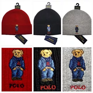Polo Ralph Lauren Men's Denim Bear Cuffed Beanie Wool Blend Black Gray NWT - Picture 1 of 14