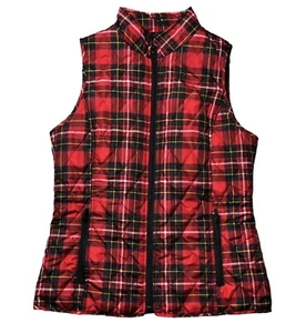 Relativity Women's Lightweight Quilted Vest Red Black Plaid Zip Front Medium - Picture 1 of 9