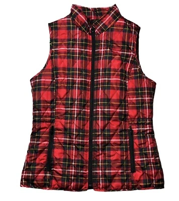 Chaleco acolchado ligero Relativity para mujer rojo negro a cuadros cremallera frontal mediano Foto 1 de 4