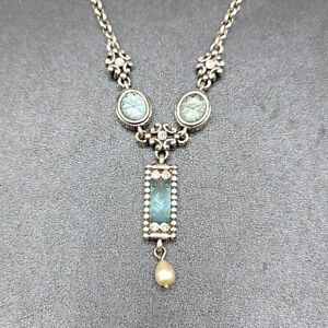 Brighton Necklace BlueCarved Glass Y Necklace Silver Plated  16"-18"