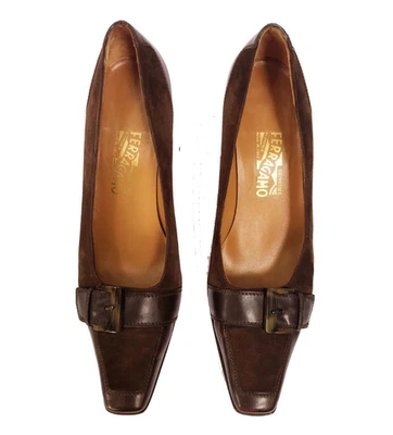 Salvatore Ferragamo Clásico Hebilla Top Cuero Marrón Oscuro + Gamuza Chic Tacones 9B Foto 1 de 4