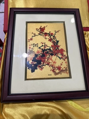 "Hermosa rama flor ciruelo pintura Japón hoja de oro 99,9 % de colección 9""x11"""   Foto 1 de 4