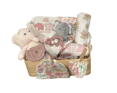 Pink Elephant Baby Gift Basket, Baby Shower Girl Gift Newborn Infant essentials - Image 1 of 4