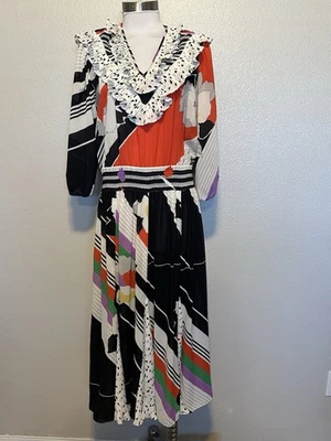 Vestido Diane Freis Vintage Años 80 Geométrico Floral Volantes Plisado Georgette Midi M/L Foto 1 de 4