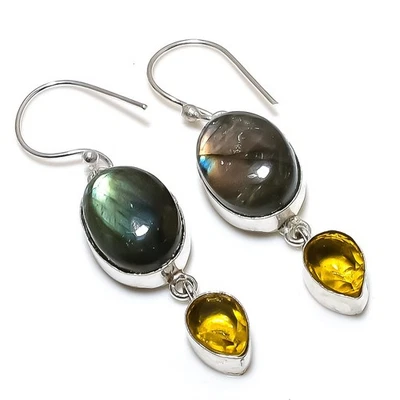 Orecchini In Argento Sterling 925 Fatti A Mano In Labradorite E Citrino 2.05" - Immagine 1 di 4