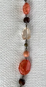 Vintage Orange Crackle Bead Necklace Asymmetric Clear Acrylic, Brown Wood Beads - Picture 1 of 7