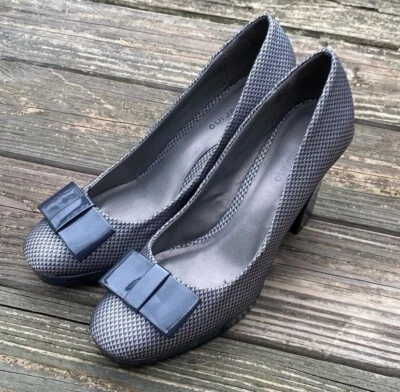 Zapatos de salón Ann Marino gris plata talla 10 bloque tacón tela superior con lazo Foto 1 de 4