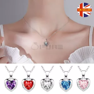 925 Sterling Silver Heart Shaped Cubic Zirconia Necklace - Choose Colour Crystal - Picture 1 of 58