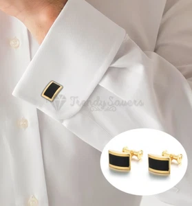 Gold Plated Rectangle Cufflinks Black Onyx Stone Formal Business Shirt Cuff Link - Picture 1 of 10