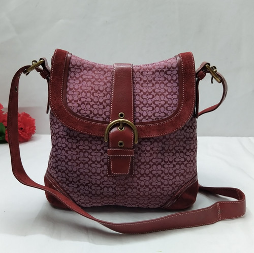 Borsa a tracolla Coach Signature tela bordeaux scamosciata fibbia patta chiusura vintage