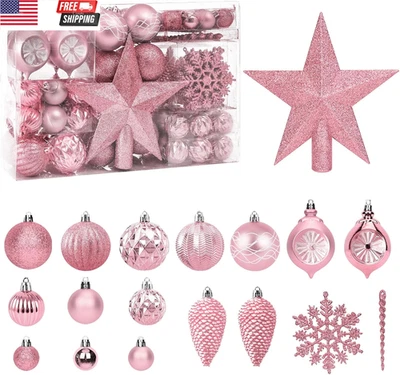 100PCS Christmas Balls Ornaments with Tree Topper, Pink Shatterproof Hanging Xma - Image 1 of 4