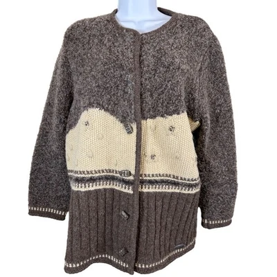 Giesswein Austria Wool Mohair Alpaca Cardigan Embroidered Women 40 Brown Cream - Image 1 of 4
