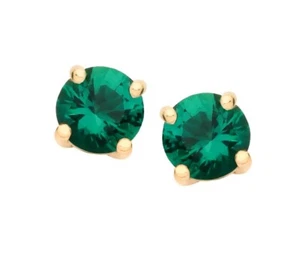 9ct Yellow Gold Created Emerald Round Solitaire Stud Earrings - May Birthstone - Picture 1 of 9