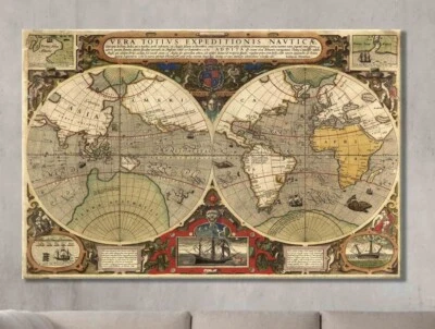 Old vintage map of the world canvas or poster print Antique historic rare atlas  - Image 1 of 4