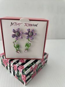 Betsey Johnson Whimsical Polka Dot Pink Purple Flower Drop Earrings - NIB