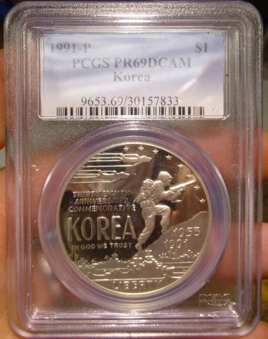 1991-P Proof Korean War Silver Dollar PCGS PR69DCAM Cover