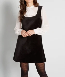 Modcloth Oh-My Mod Twofer Dress MEDIUM Black Velvet Shift Ruffle Neckline Retro - Picture 1 of 9