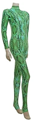 Bodysuit Long Sleeves Polo Neck Full Back Green Snake Animal Print  ELSA - Image 1 of 4
