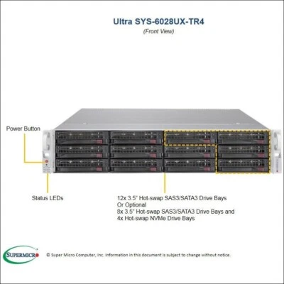2U 12 Bay SuperMicro RAID Server SYS-6028UX-TR4 2x Xeon 12 Cores 256G RAM 6x PCI - Image 1 of 4
