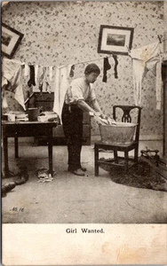 Girl Wanted Man Laundry Clothes Line Room 1900s Postcard - Picture 1 of 2