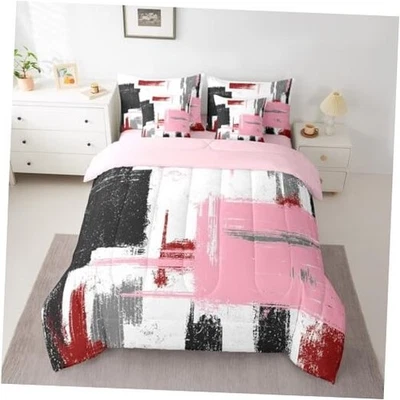  Juego de cama abstracto de 7 piezas para adolescentes arte abstracto moderno doble rosa rojo blanco Foto 1 de 4