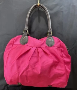 Beuteltasche von ION - Fuchsia Nylon Stoff mit braunem Kunstlederbesatz X-LARGE HANDTASCHE - Bild 1 von 9