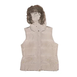 TALBOTS $149 Light Gray Down Insulated Puffer Vest Faux Fur Trim Hood Large - Picture 1 of 3