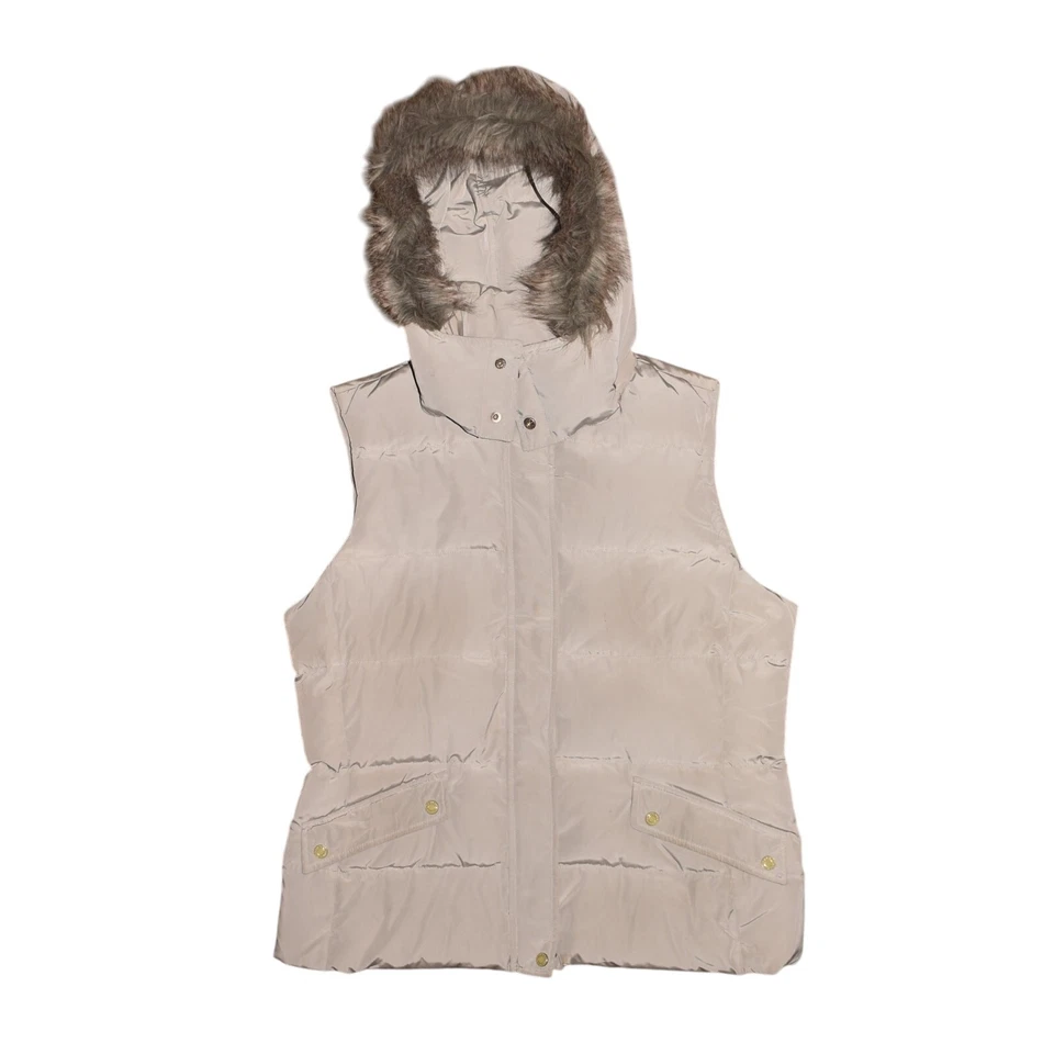 TALBOTS $149 Light Gray Down Insulated Puffer Vest Faux Fur Trim Hood Large - Image 1 of 3