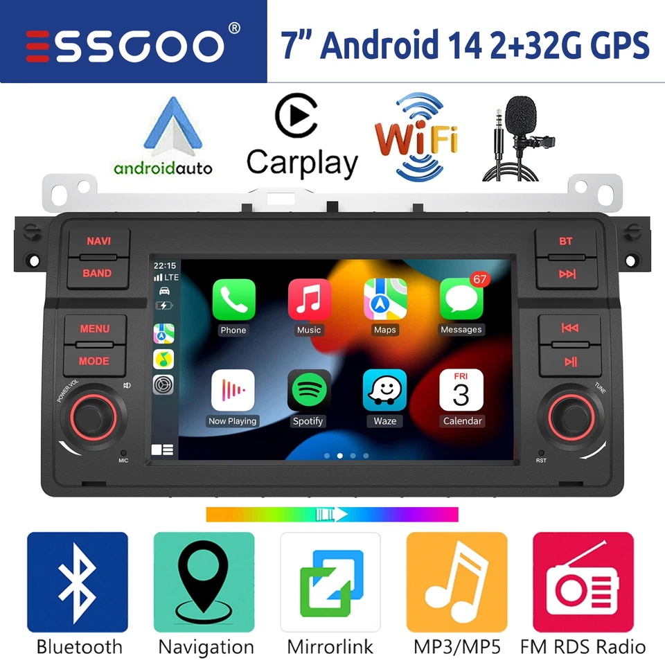 Android 14 Apple Carplay Autoradio GPS RDS WiFi Für BMW 3er E46 M3 Rover 75 MGZT - Bild 1 von 4