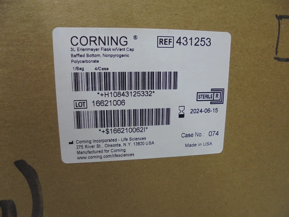 Corning 431253 3L Erlenmeyer Flask w/Vent Cap 4/Case Baffled Bottom Nonpyrogenic - Image 1 of 1