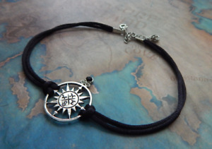 Compass Choker Necklace Nautical Jewelry Chain Black Silver Charm Handmade Beach
