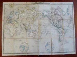 Mapa del Mundo lino con respaldo en estuche c. 1850 Wyld muestra pistas náuticas - Imagen 1 de 10