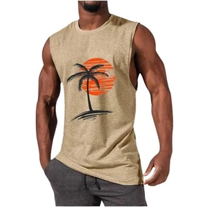 Mens Summer Beach Tank Top Hawaiian Palm Tree Print Sleeveless Muscle Basic T... - Picture 1 of 7