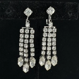 Prong Set Clear Rhinestone Dangling Screw-Back Earrings Vintage - Picture 1 of 7