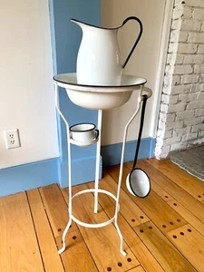 Antique Iron Wash-Stand & Enamel Ware Pitcher Basin + - Picture 1 of 19