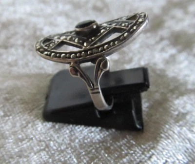 Anello Antico Marquise Argento Massiccio 925 Onice E Marcasite Taglia 53 - Immagine 1 di 4