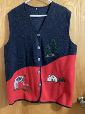 Chaleco de Colección Para Hombres XL Italiano Gris y Rojo Mezcla de Lana Cuello en V Bordado 5 Botones de Madera Foto 1 de 4