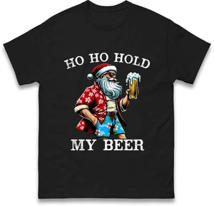 Christmas in July Santa T-Shirt, Funny Ho Ho Hold My Beer Beach Unisex Gift Tee - Picture 1 of 9