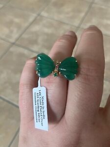 BRAND NEW Sz 9 SS Gold Plated Nat Green Onyx & Sapphires Ring Butterfly Carved