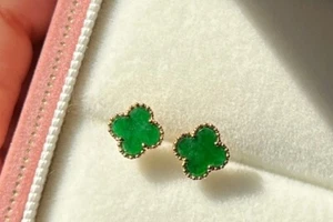 Stud Earring Victorian 10mm Natural Green Jade Earring 14K Yellow Gold Finish