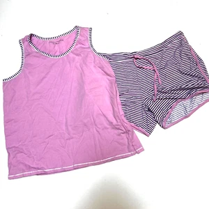 Carole Hochman Pajama Set L Pink Tank Top Pink Black Stripes Shorts Cotton - Picture 1 of 7