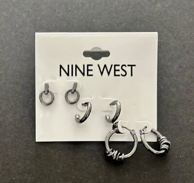 Pendientes perforados Nine West nuevos en aros para tarjetas tono plata pistola metal gris 3 pares Foto 1 de 4