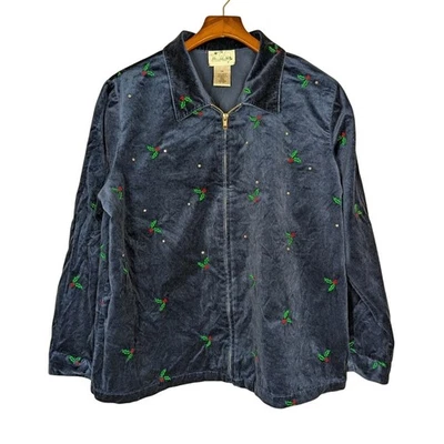 Vintage Quacker Factory Jacket Womens 1X Navy Blue Velvet Holly Embroidered - Image 1 of 4