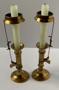 ANTIQUE PAIR BRASS CLIP ON CANDLESTICK SHADE CARRIERS VINTAGE LAMP HOLDERS - Picture 1 of 24