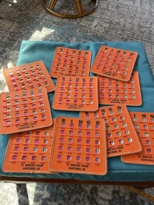 10 Vintage BINGO QUEEN Board Slider Shutter Cards Orange Manitowoc Church - Picture 1 of 7