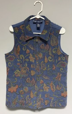 Chaleco estilo Susan Graver vintage para mujer tapiz azul medio floral cremallera frontal Foto 1 de 4