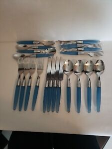 Vintage Acrylic Lucite Light blue Handle Stainless  flatware Forks Spoons knives