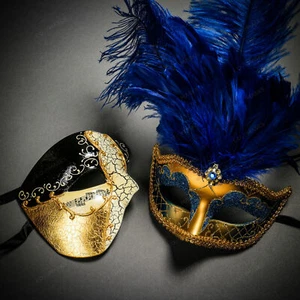 Black Gold Phantom Half Face Musical & Blue Mardi Gras Tall Feather Couple Masks - Picture 1 of 8
